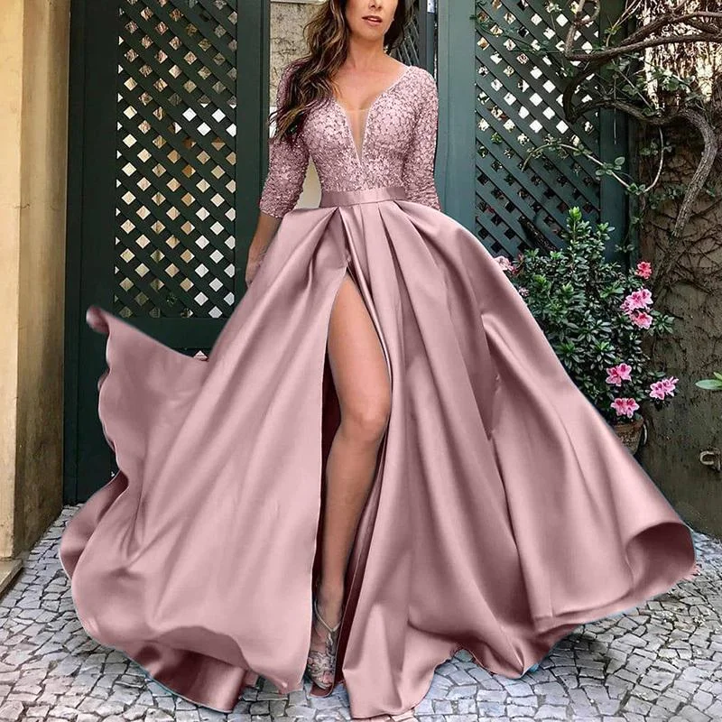 Vintage - Style Corduroy Maxi Dresses for AutumnFashionSierra - Solid V-Neck Long Sleeve Celebrity Party Maxi Dress