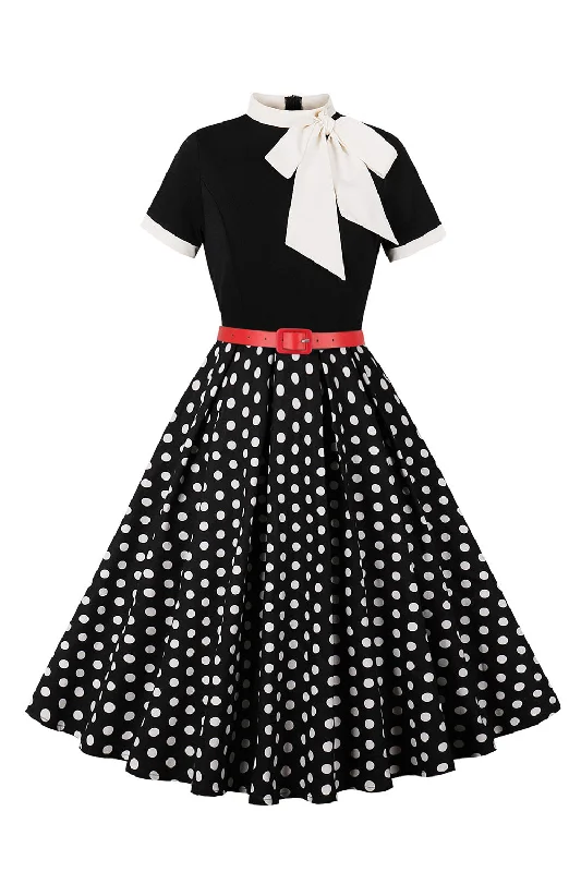 Dresses with Sequined Geometric Shapes and Lace and Chiffon Blend and Ruffled Sleeves for Ladies' Modern and Dramatic LookA Line Black Polka Dots Short Sleeves 1950s Dress with Belt Dresses with Sequined Geometric Shapes and Lace and Chiffon Blend and Ruffled Sleeves for Ladies' Modern and Dramatic LookA Line Black Polka Dots Short Sleeves 1950s Dress with Belt