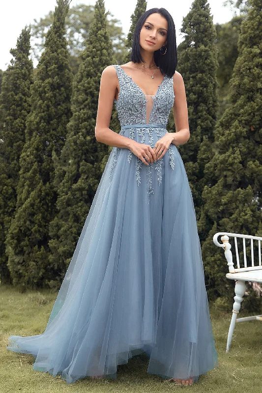 Empire Waist Polyester Dresses for Ladies with Satin RibbonA-line Long Blue Prom Dress with Appliques Empire Waist Polyester Dresses for Ladies with Satin RibbonA-line Long Blue Prom Dress with Appliques