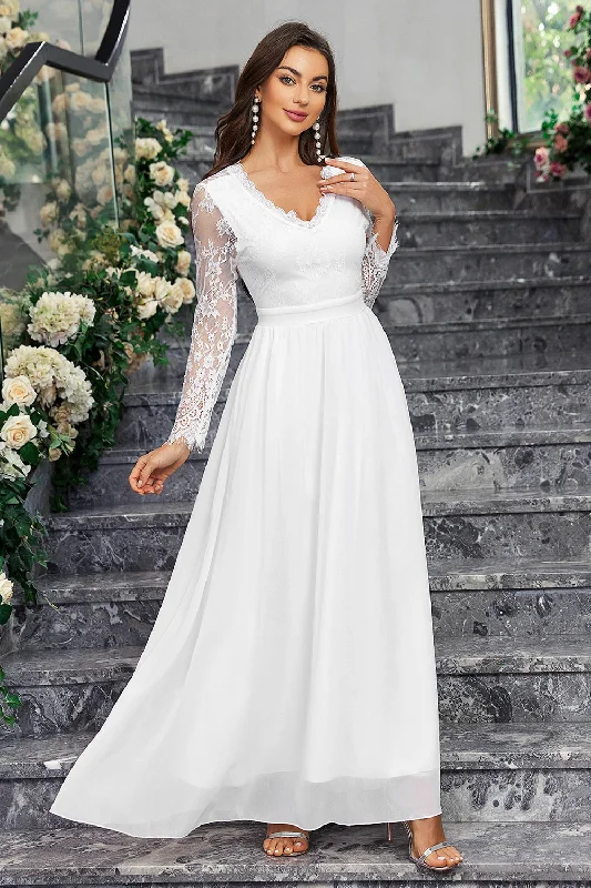 Dresses with Satin Trimmed Collar and Bow Back and Embroidered Skirt for Ladies' Classic and Glamorous LookA-Line Long Sleeves V Neck Long White Dress Dresses with Satin Trimmed Collar and Bow Back and Embroidered Skirt for Ladies' Classic and Glamorous LookA-Line Long Sleeves V Neck Long White Dress
