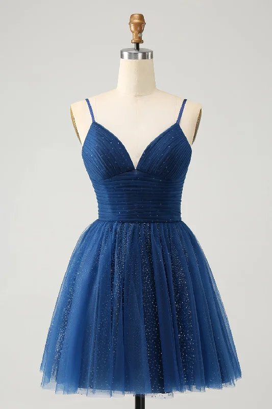 Dresses with Beaded Waistbands and Tiered Skirts for Ladies' Glamorous and Feminine LookNavy A Line Spaghetti Straps Tulle Lace- Up Back Homecoming Dress Dresses with Beaded Waistbands and Tiered Skirts for Ladies' Glamorous and Feminine LookNavy A Line Spaghetti Straps Tulle Lace- Up Back Homecoming Dress