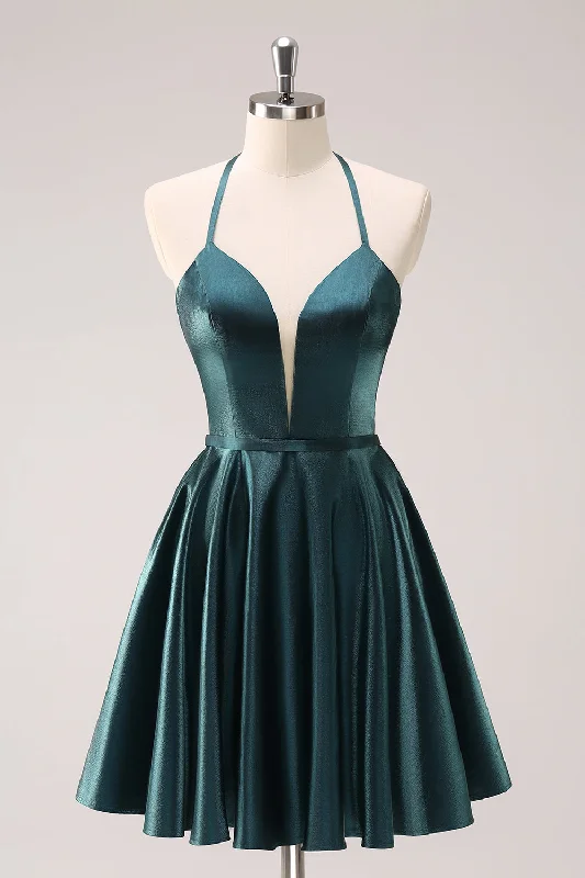 Short Dresses with Sequined Accents for Ladies' Night OutA-Line Peacock Blue Halter Short Homecoming Dress with Lace Up Back Short Dresses with Sequined Accents for Ladies' Night OutA-Line Peacock Blue Halter Short Homecoming Dress with Lace Up Back