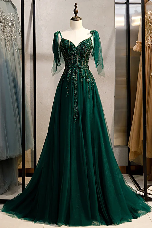 Mesh Paneled Dresses for Ladies' Modern EdgeA-Line Spaghetti Straps Dark Green Prom Dress with Beading Mesh Paneled Dresses for Ladies' Modern EdgeA-Line Spaghetti Straps Dark Green Prom Dress with Beading
