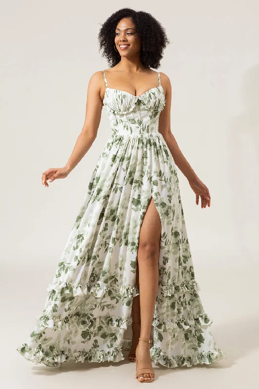 Dresses with Ruffled Sleeveless Top and Sequined Bodice and Tulle Skirt for Ladies' Dramatic and Glamorous LookA-Line Spaghetti Straps Green Printed Long Prom Dress With Slit Dresses with Ruffled Sleeveless Top and Sequined Bodice and Tulle Skirt for Ladies' Dramatic and Glamorous LookA-Line Spaghetti Straps Green Printed Long Prom Dress With Slit