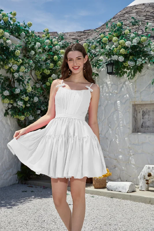 Taffeta Dresses with Pleated Bodice for Ladies' Structured LookA-Line Spaghetti Straps Cute White Short Graduation Dress Taffeta Dresses with Pleated Bodice for Ladies' Structured LookA-Line Spaghetti Straps Cute White Short Graduation Dress