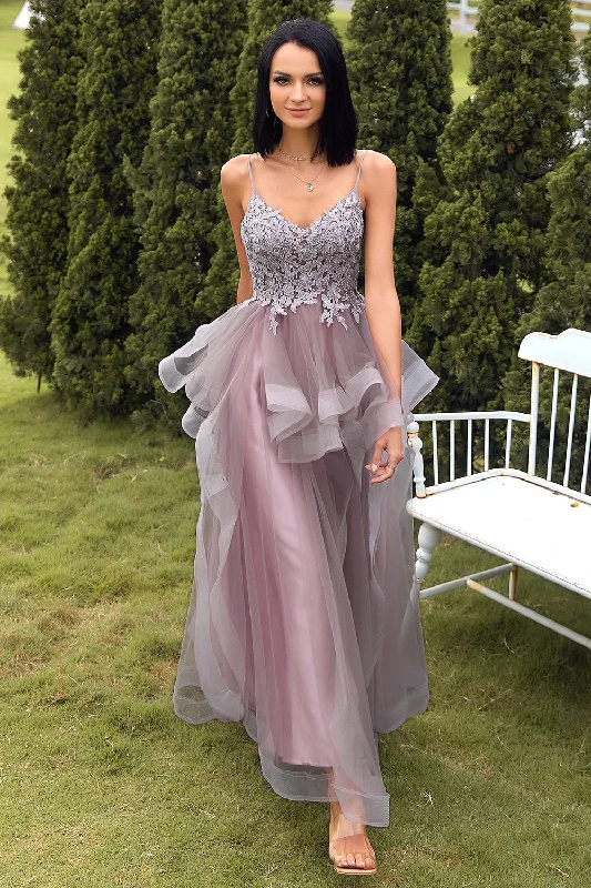 Dresses with Sheer Panels and Beaded Trim and Embroidered Paisley Patterns and Ruffled Hem for Ladies' Sultry and Exotic LookA Line Spaghetti Straps Purple Grey Long Prom Dress with Appliques Dresses with Sheer Panels and Beaded Trim and Embroidered Paisley Patterns and Ruffled Hem for Ladies' Sultry and Exotic LookA Line Spaghetti Straps Purple Grey Long Prom Dress with Appliques