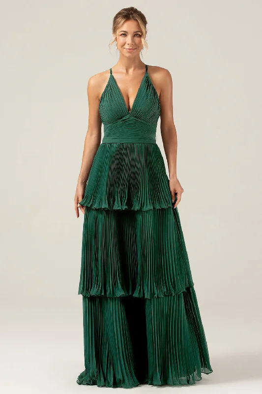 Sleeveless Dresses with Sequined Neckline for Ladies' Glamorous LookA-Line Tiered Chiffon Dark Green Long Bridesmaid Dress with Pleated Sleeveless Dresses with Sequined Neckline for Ladies' Glamorous LookA-Line Tiered Chiffon Dark Green Long Bridesmaid Dress with Pleated