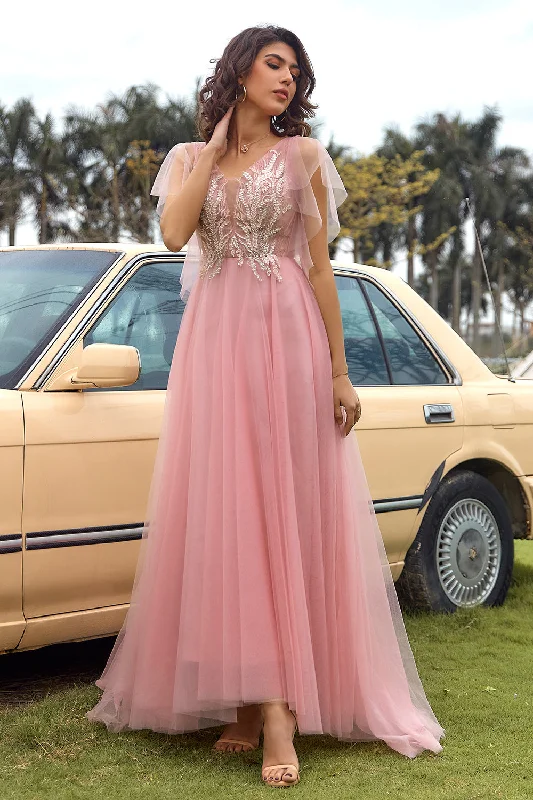 Dresses with Asymmetric Hem for Ladies' Unique StyleA Line V Neck Blush Long Prom Dress with Appliques Dresses with Asymmetric Hem for Ladies' Unique StyleA Line V Neck Blush Long Prom Dress with Appliques