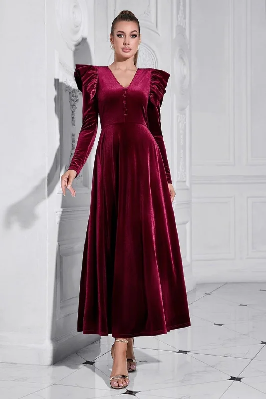 Ombre Dresses with Gradient Colors for Ladies' Stunning Visual AppealA Line V Neck Burgundy Ruffled Long Velvet Prom Dress Ombre Dresses with Gradient Colors for Ladies' Stunning Visual AppealA Line V Neck Burgundy Ruffled Long Velvet Prom Dress