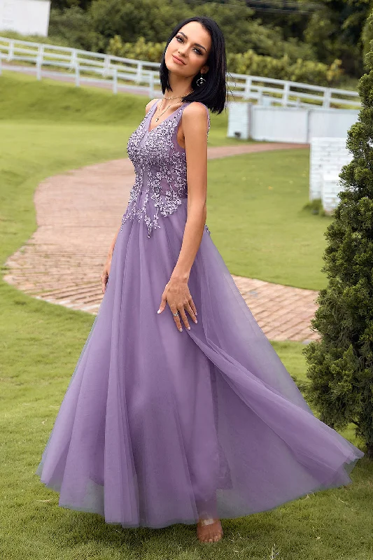 Tube Dresses with Beaded Waistband for Ladies' Simple and Chic StyleA Line V Neck Purple Long Prom Dress with Appliques Tube Dresses with Beaded Waistband for Ladies' Simple and Chic StyleA Line V Neck Purple Long Prom Dress with Appliques