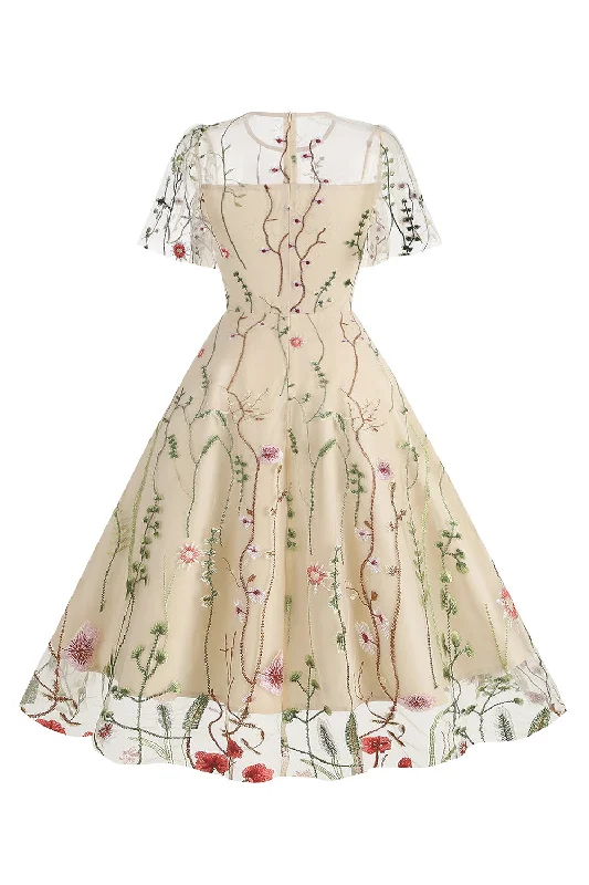 Dresses with Sequined Star Motifs for Ladies' Celestial and Elegant LookApricot A Line Printed Tulle 1950s Dress with Short Sleeves Dresses with Sequined Star Motifs for Ladies' Celestial and Elegant LookApricot A Line Printed Tulle 1950s Dress with Short Sleeves