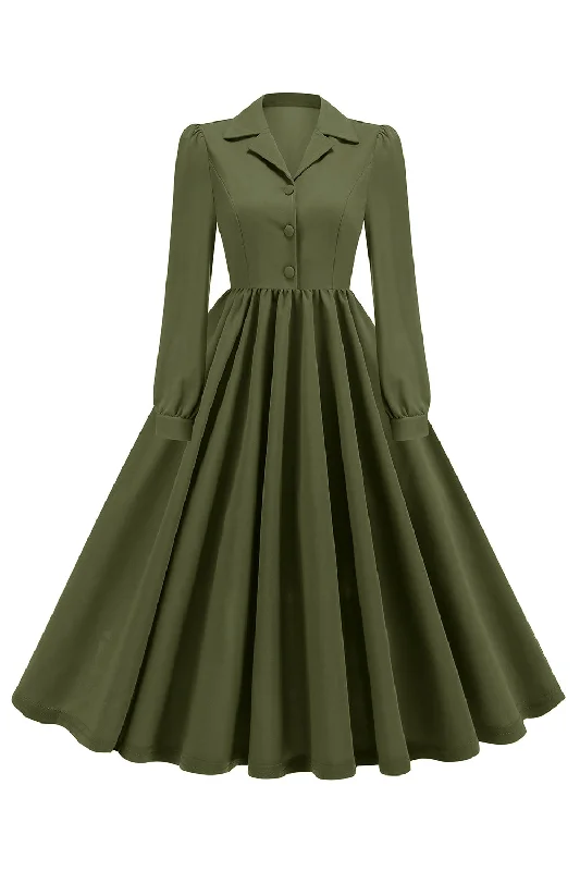 Dresses with Tassel Hem and Metallic Lace for Ladies' Boho and Luxurious LookArmy Green Notched Lapel Pleated 1950s Dress with Long Sleeves Dresses with Tassel Hem and Metallic Lace for Ladies' Boho and Luxurious LookArmy Green Notched Lapel Pleated 1950s Dress with Long Sleeves