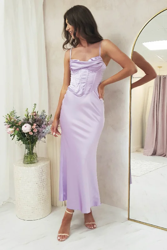 Light Pink Flowy Maxi Dresses for SpringAshka Satin Corset Maxi Dress | Lilac