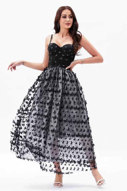Dresses with Sequined Stripes and Sheer Back for Ladies' Bold and Sexy LookBlack A-Line Spaghetti Straps Corset Party Dress with 3D Butterflies Dresses with Sequined Stripes and Sheer Back for Ladies' Bold and Sexy LookBlack A-Line Spaghetti Straps Corset Party Dress with 3D Butterflies