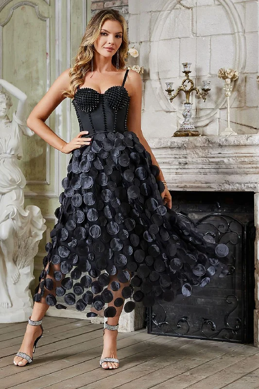 Dresses with Sheer Sleeve and Sequined Cuffs and Bow at the Waist for Ladies' Elegant and Sweet LookBlack A-Line Spaghetti Straps Corset Party Dress Dresses with Sheer Sleeve and Sequined Cuffs and Bow at the Waist for Ladies' Elegant and Sweet LookBlack A-Line Spaghetti Straps Corset Party Dress