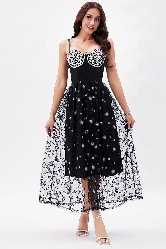 Dresses with Embroidered Tribal Patterns and Satin Sash for Ladies' Cultural and Glamorous LookBlack A-Line Spaghetti Straps Party Dress Dresses with Embroidered Tribal Patterns and Satin Sash for Ladies' Cultural and Glamorous LookBlack A-Line Spaghetti Straps Party Dress