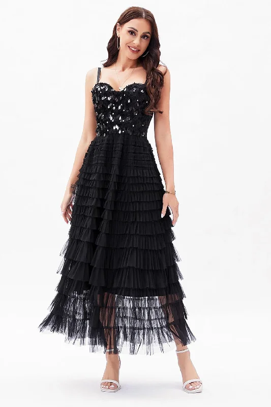 Dresses with Sheer Panels and Beaded Trim and Embroidered Paisley Patterns and Ruffled Hem for Ladies' Sultry and Exotic LookBlack A-Line Tulle Tiered Corset Party Dress Dresses with Sheer Panels and Beaded Trim and Embroidered Paisley Patterns and Ruffled Hem for Ladies' Sultry and Exotic LookBlack A-Line Tulle Tiered Corset Party Dress