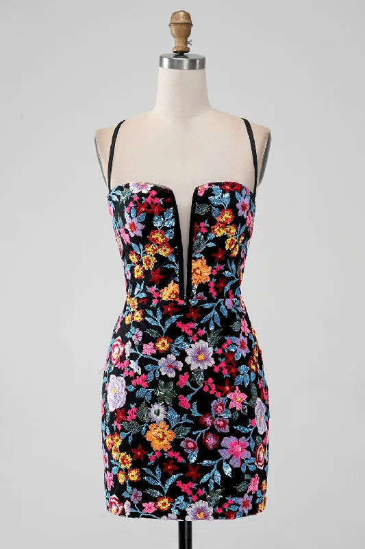 Dresses with Pleated Skirts and Lace Overlay for Ladies' Feminine and Timeless LookBlack Flower Bodycon V Neck Spaghetti Straps Short Homecoming Dress Dresses with Pleated Skirts and Lace Overlay for Ladies' Feminine and Timeless LookBlack Flower Bodycon V Neck Spaghetti Straps Short Homecoming Dress