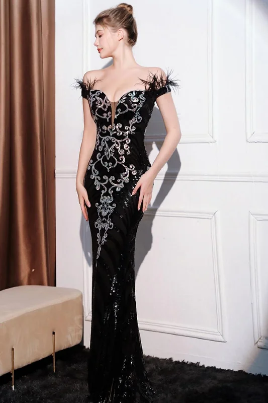 Dresses with Tiered Skirts for Ladies' Playful LookGlitter Black Mermaid Off the Shoulder Long Prom Dress with Feather Dresses with Tiered Skirts for Ladies' Playful LookGlitter Black Mermaid Off the Shoulder Long Prom Dress with Feather