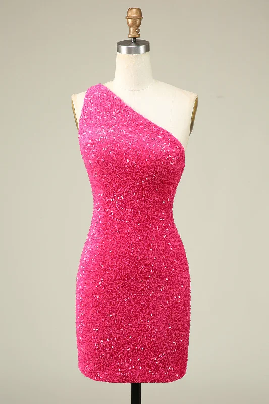 Empire Waist Polyester Dresses for Ladies with Satin RibbonBling Sheath One Shoulder Fuchsia Sequins Short Homecoming Dress Empire Waist Polyester Dresses for Ladies with Satin RibbonBling Sheath One Shoulder Fuchsia Sequins Short Homecoming Dress