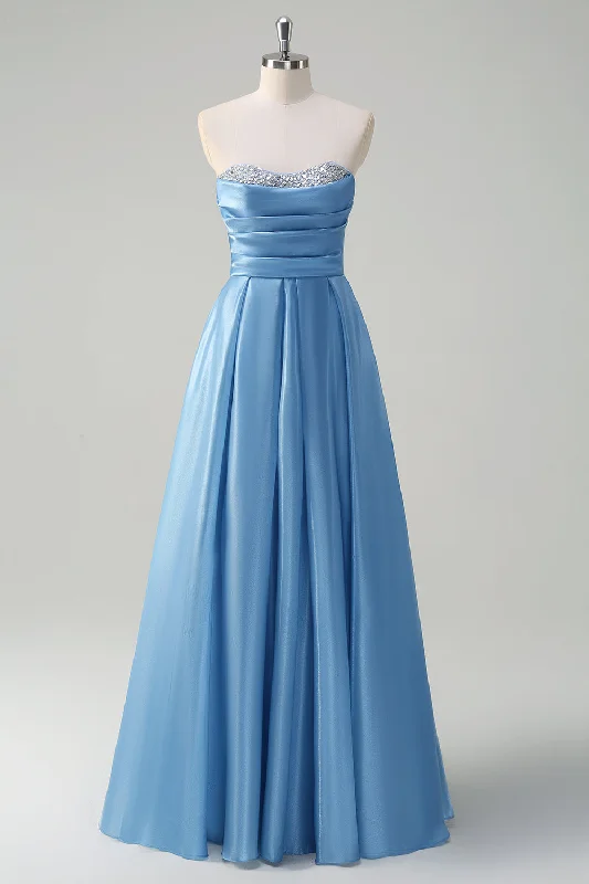 Dresses with Beaded Floral Wreath on the Bodice for Ladies' Delicate and Festive LookBlue A Line Strapless Pleated Corset Tiered Long Prom Dress with Sequins Dresses with Beaded Floral Wreath on the Bodice for Ladies' Delicate and Festive LookBlue A Line Strapless Pleated Corset Tiered Long Prom Dress with Sequins