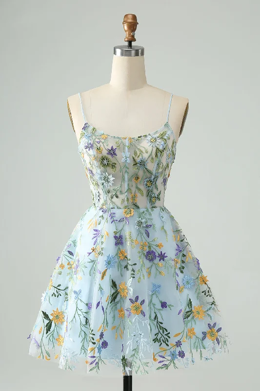 Dresses with Sheer Panels and Beaded Trim for Ladies' Sexy and Polished LookElegant Blue Flower A Line Corset Short Homecoming Dress with Embroidery Dresses with Sheer Panels and Beaded Trim for Ladies' Sexy and Polished LookElegant Blue Flower A Line Corset Short Homecoming Dress with Embroidery