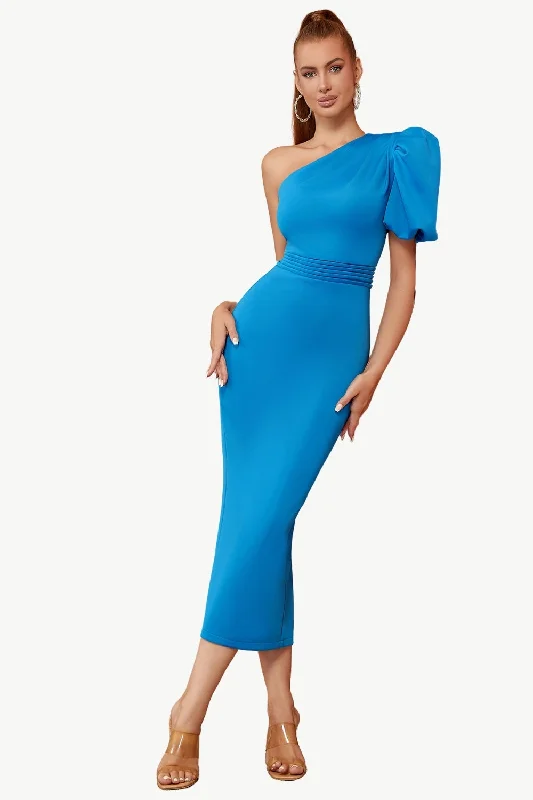 Dresses with Ruffled Sleeveless Top and Sequined Bodice for Ladies' Dramatic and Glamorous LookBlue One Shoulder Bodycon Party Dress Dresses with Ruffled Sleeveless Top and Sequined Bodice for Ladies' Dramatic and Glamorous LookBlue One Shoulder Bodycon Party Dress