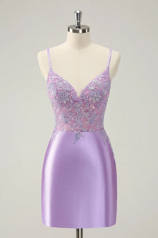 Dresses with Ruffled Sleeves and High Neck for Ladies' Dramatic and Elegant LookSparkly Bodycon Lilac Spaghetti Straps Homecoming Dress with Sequins Dresses with Ruffled Sleeves and High Neck for Ladies' Dramatic and Elegant LookSparkly Bodycon Lilac Spaghetti Straps Homecoming Dress with Sequins