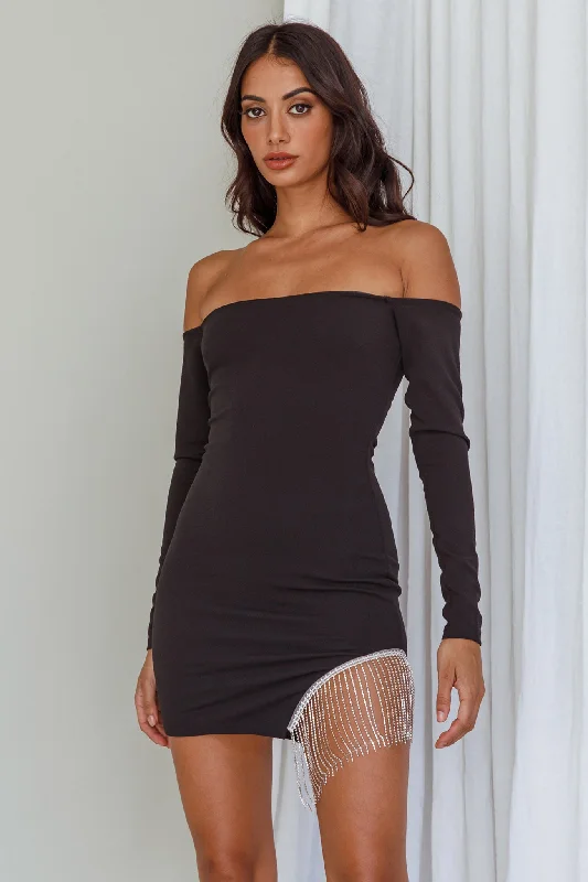 Dresses with Sheer Panels for Ladies' Sultry and Alluring LookCall On Me Diamante Off-Shoulder Mini Dress Black Dresses with Sheer Panels for Ladies' Sultry and Alluring LookCall On Me Diamante Off-Shoulder Mini Dress Black