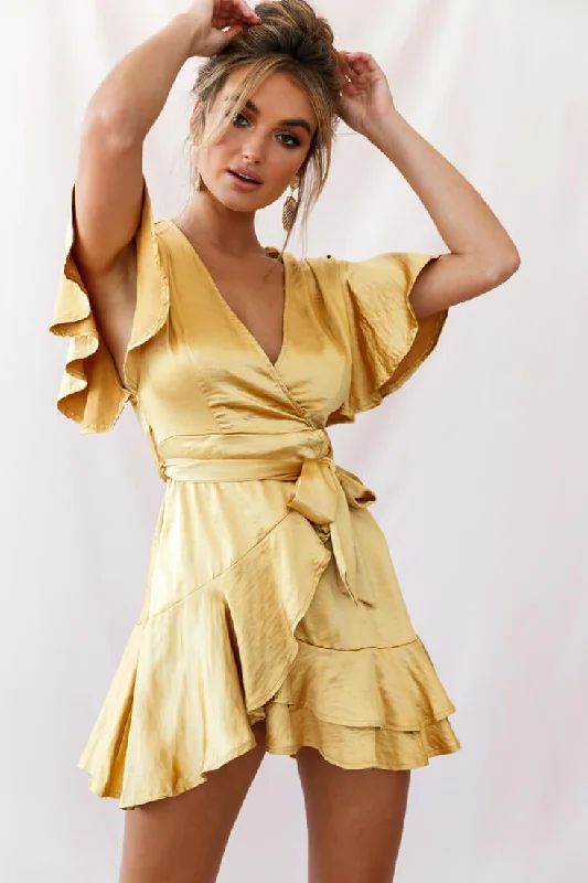 Dresses with Tassel Hem and Metallic Lace for Ladies' Boho and Luxurious LookCami Angel Sleeve Faux Wrap Dress Mustard Dresses with Tassel Hem and Metallic Lace for Ladies' Boho and Luxurious LookCami Angel Sleeve Faux Wrap Dress Mustard
