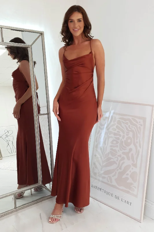 Maxi Dresses with Metal Accessories for a Trendy EdgeCeleste Satin Chain Detail Maxi Dress | Rust Maxi Dresses with Metal Accessories for a Trendy EdgeCeleste Satin Chain Detail Maxi Dress | Rust