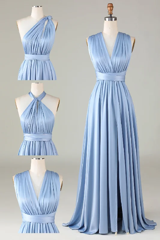 Velvet Dresses with Satin Trim for Ladies' Luxurious FeelConvertible Blue Satin Bridesmaid Dress with Slit Velvet Dresses with Satin Trim for Ladies' Luxurious FeelConvertible Blue Satin Bridesmaid Dress with Slit