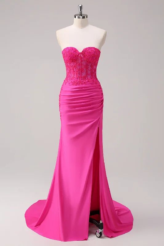 Princess Style Tulle Dresses for Ladies' Weekend BrunchCorset Fuchsia Mermaid Strapless Ruched Corset Long Prom Dress with Slit Princess Style Tulle Dresses for Ladies' Weekend BrunchCorset Fuchsia Mermaid Strapless Ruched Corset Long Prom Dress with Slit