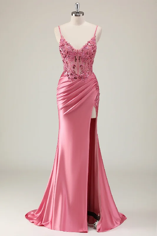 Lace Trimmed Cotton Dresses for Ladies' Feminine AppealSparkly Coral Mermaid Sequins Spaghetti Straps Corset Long Prom Dress with Slit Lace Trimmed Cotton Dresses for Ladies' Feminine AppealSparkly Coral Mermaid Sequins Spaghetti Straps Corset Long Prom Dress with Slit
