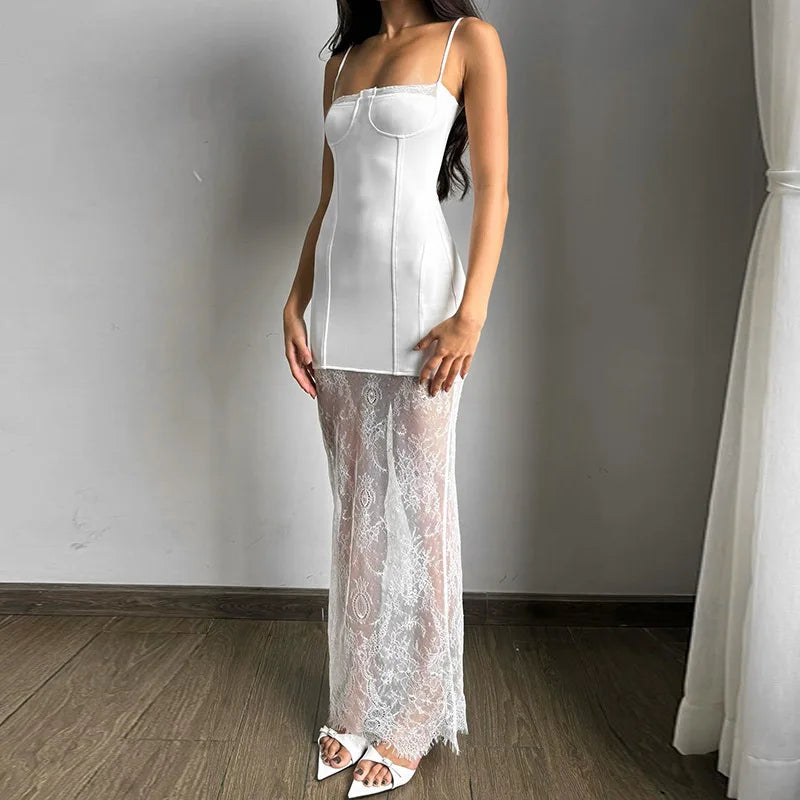 Maxi Dresses with a Fake Two - Piece Design for UniquenessWhite Lace Patchwork Summer Sexy Sleeveless Slim Charming Stylish Maxi Dress Maxi Dresses with a Fake Two - Piece Design for UniquenessWhite Lace Patchwork Summer Sexy Sleeveless Slim Charming Stylish Maxi Dress