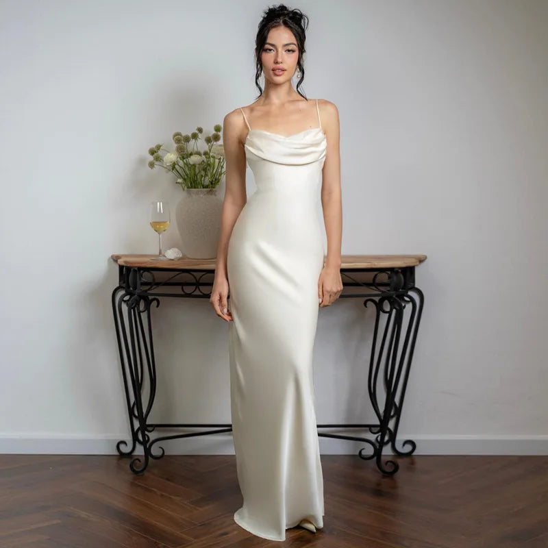 Maxi Dresses for Outdoor Garden WeddingsWhite Satin Sexy Spaghetti Straps Backless Fashionable V-neck Stylish Maxi Dress Maxi Dresses for Outdoor Garden WeddingsWhite Satin Sexy Spaghetti Straps Backless Fashionable V-neck Stylish Maxi Dress