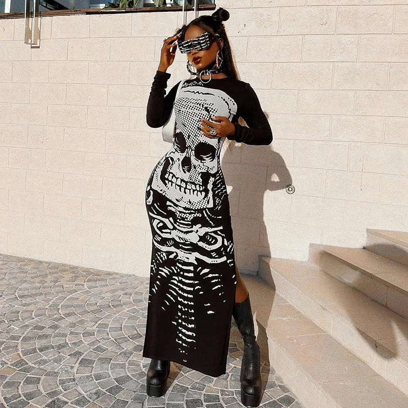 Floral - Patterned Maxi Dresses for a Sweet LookGothic Skull Bones Skeleton Print O Neck Long Sleeve Split Casual Autumn Streetwear Maxi Dress Floral - Patterned Maxi Dresses for a Sweet LookGothic Skull Bones Skeleton Print O Neck Long Sleeve Split Casual Autumn Streetwear Maxi Dress