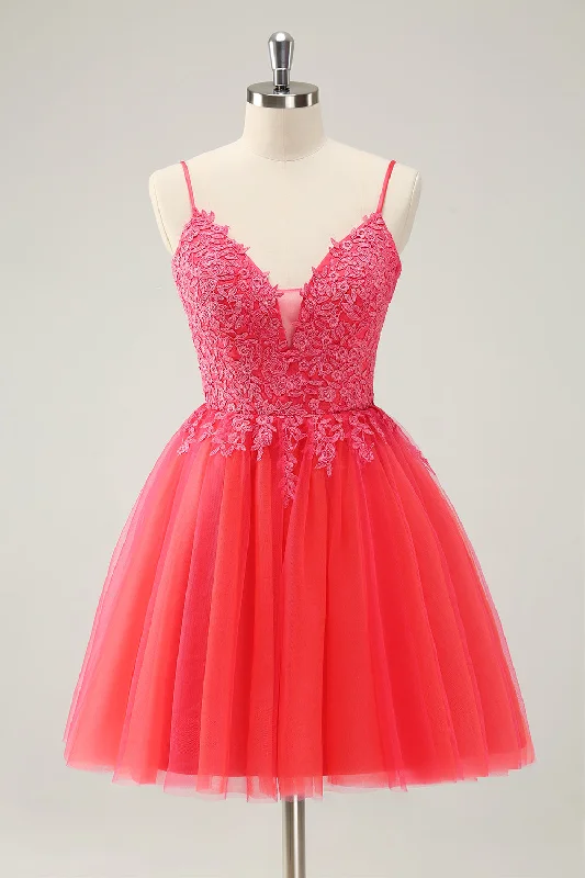 Lace Trimmed Cotton Dresses for Ladies' Feminine AppealCute Hot Pink A Line Spaghetti Straps Short Homecoming Dress with Appliques Lace Trimmed Cotton Dresses for Ladies' Feminine AppealCute Hot Pink A Line Spaghetti Straps Short Homecoming Dress with Appliques