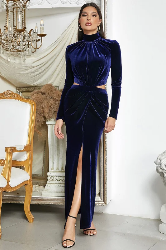 Sheath Style Rayon Dresses for Ladies' Office CasualDark Blue Mermaid Halter Neck Prom Dress with Slit Sheath Style Rayon Dresses for Ladies' Office CasualDark Blue Mermaid Halter Neck Prom Dress with Slit