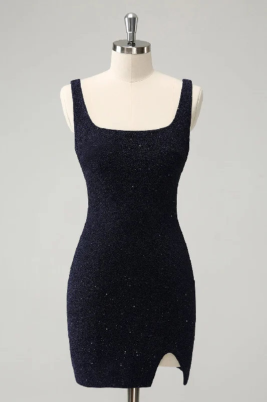 Dresses with Beaded Floral Wreath on the Bodice and High Low Hem for Ladies' Delicate and Dramatic LookSparkly Dark Blue Square Neck Bodycon Mini Homecoming Dress With Slit Dresses with Beaded Floral Wreath on the Bodice and High Low Hem for Ladies' Delicate and Dramatic LookSparkly Dark Blue Square Neck Bodycon Mini Homecoming Dress With Slit