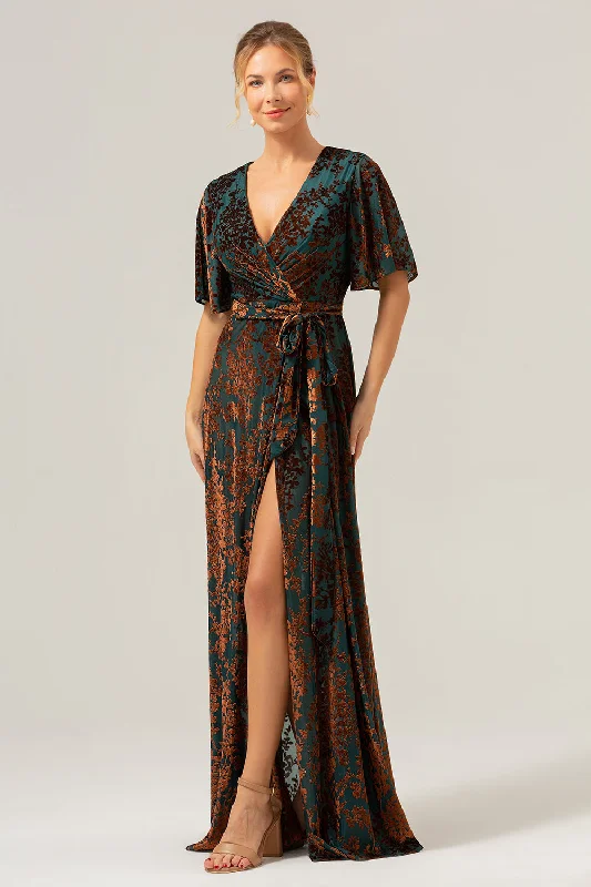 Dresses with Satin and Lace Trimmed Neckline for Ladies' Sophisticated LookDark Green A Line Burnout Velvet Long Prom Dress with Short Sleeves Dresses with Satin and Lace Trimmed Neckline for Ladies' Sophisticated LookDark Green A Line Burnout Velvet Long Prom Dress with Short Sleeves