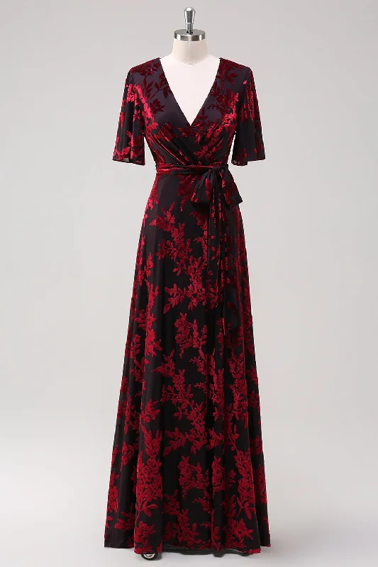 Long Dresses with Side Slit for Ladies' Mobility and StyleBurgundy A Line Burnout Velvet Long Prom Dress Long Dresses with Side Slit for Ladies' Mobility and StyleBurgundy A Line Burnout Velvet Long Prom Dress