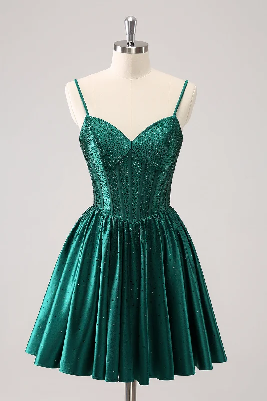 Dresses with Sequined Hearts and Ruffled Hem and Satin and Lace Combo for Ladies' Romantic and Feminine LookDark Green A-Line Spaghetti Straps Corset Pleated Homecoming Dress Dresses with Sequined Hearts and Ruffled Hem and Satin and Lace Combo for Ladies' Romantic and Feminine LookDark Green A-Line Spaghetti Straps Corset Pleated Homecoming Dress