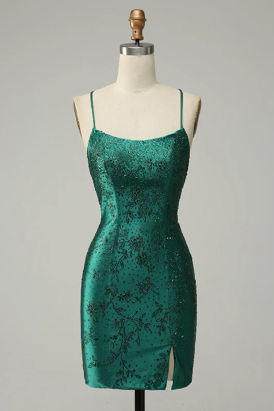 Dresses with Asymmetric Hem for Ladies' Unique StyleDark Green Beaded Bodycon Homecoming Dress With Criss Cross Back Dresses with Asymmetric Hem for Ladies' Unique StyleDark Green Beaded Bodycon Homecoming Dress With Criss Cross Back