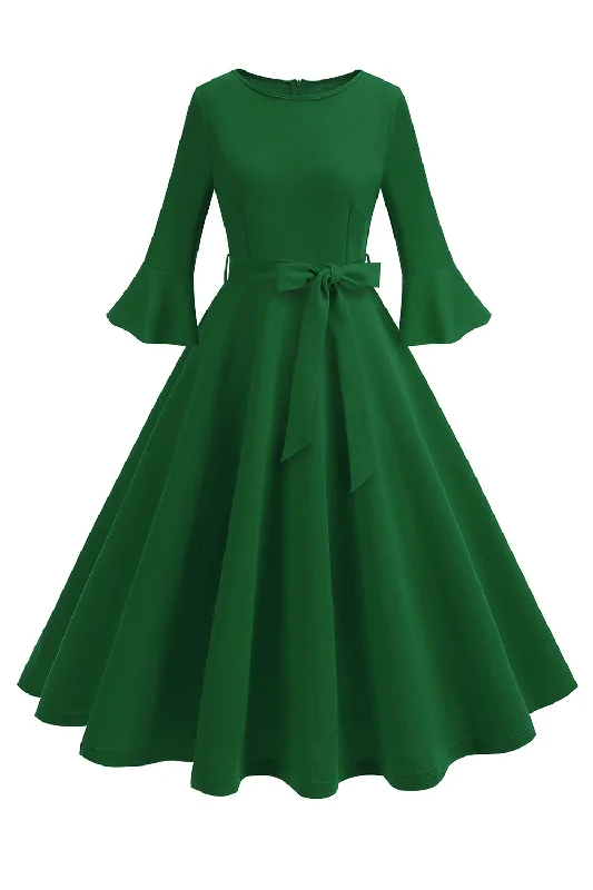 Dresses with Satin and Lace Trimmed Neckline for Ladies' Sophisticated LookDark Green Round Neck Pleated Long Sleeves 1950s Vintage Dress Dresses with Satin and Lace Trimmed Neckline for Ladies' Sophisticated LookDark Green Round Neck Pleated Long Sleeves 1950s Vintage Dress