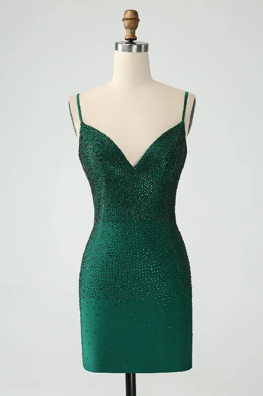 Dresses with Bell Sleeves for Ladies' Playful and Feminine LookDark Green Bodycon Spagehtti Straps Backless Homecoming Dress with Beading Dresses with Bell Sleeves for Ladies' Playful and Feminine LookDark Green Bodycon Spagehtti Straps Backless Homecoming Dress with Beading
