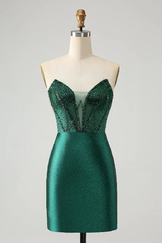 Sleeveless Dresses with Sequined Neckline for Ladies' Glamorous LookDark Green Bodycon Strapless Corset Short Homecoming Dress Sleeveless Dresses with Sequined Neckline for Ladies' Glamorous LookDark Green Bodycon Strapless Corset Short Homecoming Dress