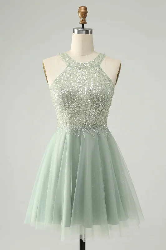 Dresses with Sequined Hearts and Ruffled Hem and Satin and Lace Combo for Ladies' Romantic and Feminine LookDusty Green Halter Sequins A Line Homecoming Dress Dresses with Sequined Hearts and Ruffled Hem and Satin and Lace Combo for Ladies' Romantic and Feminine LookDusty Green Halter Sequins A Line Homecoming Dress