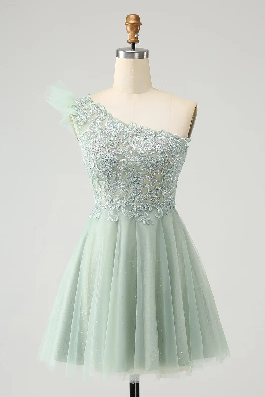 Dresses with Sequined Bodice and Chiffon Overlay for Ladies' Elegant ContrastCute Dusty Sage Green A Line One Shoulder Tulle Homecoming Dress with Appliques Dresses with Sequined Bodice and Chiffon Overlay for Ladies' Elegant ContrastCute Dusty Sage Green A Line One Shoulder Tulle Homecoming Dress with Appliques