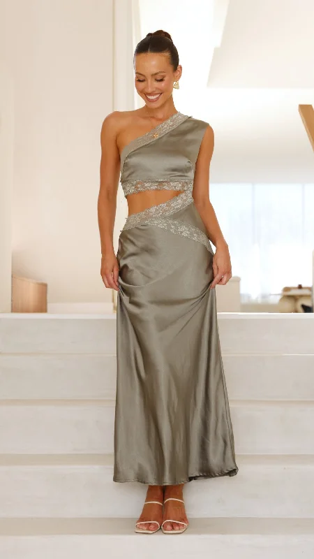 Chinese - Inspired Maxi Dresses with Traditional ElementsEmily One Shoulder Maxi Dress - Khaki Chinese - Inspired Maxi Dresses with Traditional ElementsEmily One Shoulder Maxi Dress - Khaki